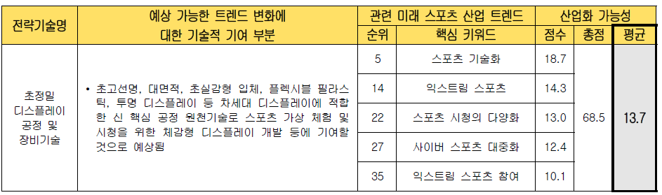 전략 기술별 미래 스포츠 산업화 가능성 검토 (초정밀 디스플레이 공정 및 장비기술)