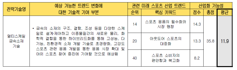 전략 기술별 미래 스포츠 산업화 가능성 검토 (멀티스케일 금속소재 기술)