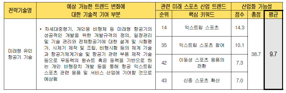 전략 기술별 미래 스포츠 산업화 가능성 검토 (미래형 유인 항공기 기술)