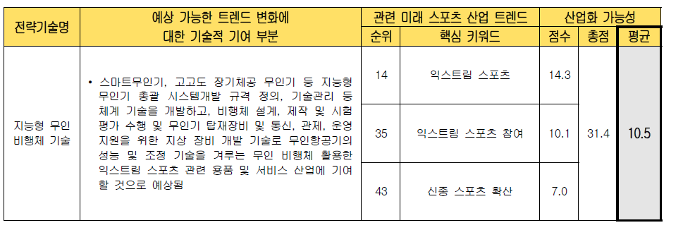 전략 기술별 미래 스포츠 산업화 가능성 검토 (지능형 무인 비행체 기술)