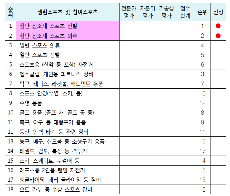 Part 2-C. 생활스포츠 및 참여스포츠 평가 결과 : 2개 선정(30점 이상)