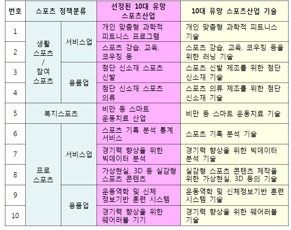 10대 유망 스포츠산업 분야 및 기술