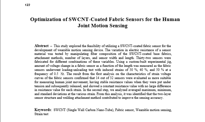 논문 “Optimization of SWCNT-Coated Fabric Sensors for the Human Joint Motion Sensing”