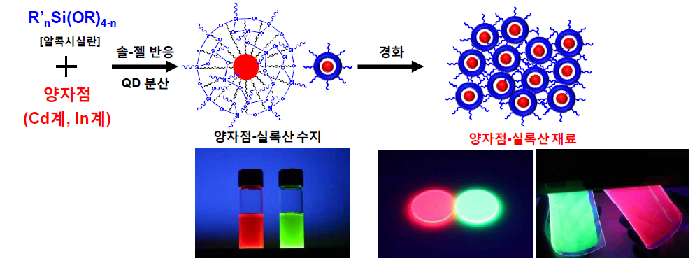 양자점-실록산 수지 및 재료의 개념도 그리고 사진.