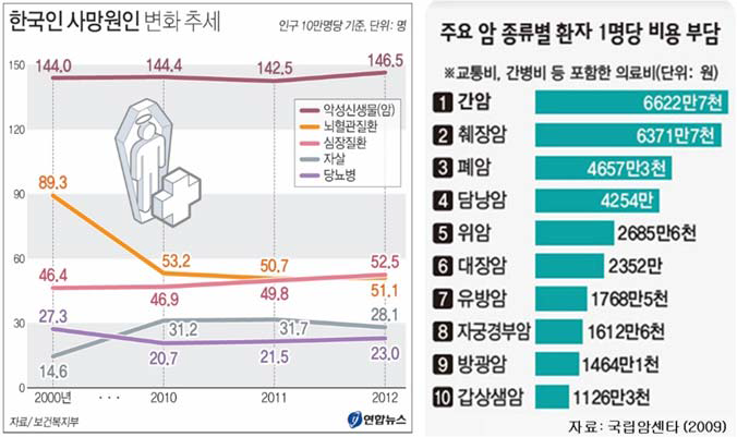 한국인 사망원인의 변화 추세와 주요 암 종류별 환자 1인당 부담 비용