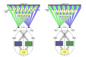 무안경 3D display 구현을 위한 기술 (좌) 패러랙스 베리어(Parallax Barrier)기술, (우) 랜티큘러(Lenticular Lens)기술