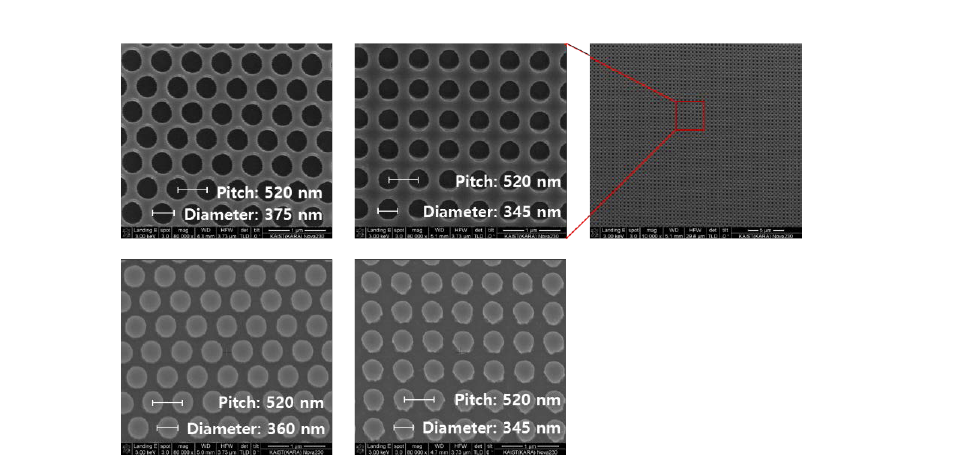 Hole(위), dot(아래) pattern된 가교 polymer SEM 이미지