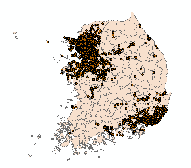 물류트럭 배달지점 지역 분포