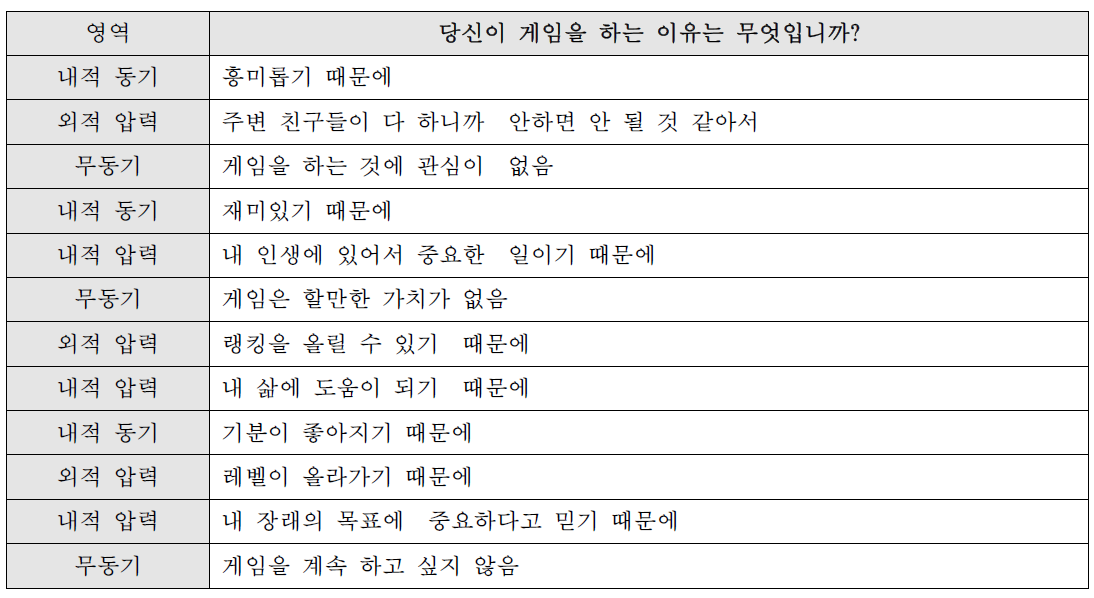 게임 동기 척도 12문항