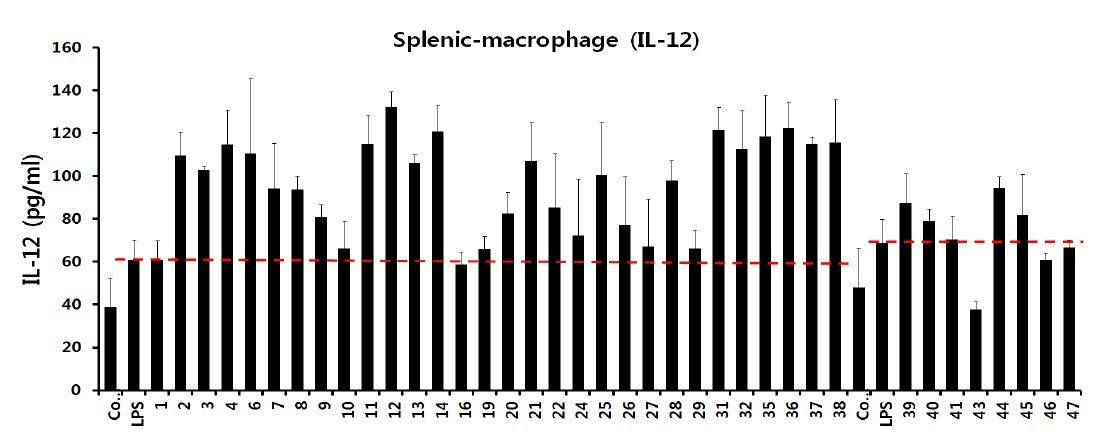 splenic-macrophage에서 LPS처리 하에 미생물의 IL-12 생산조절 능력