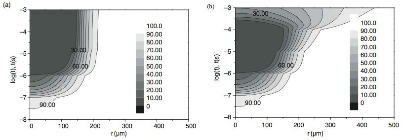 O. Eichwald et al.(2002): Normalized radial evolution of NO at streamer channel (a) without the gas dynamics condideration, and (b) with the gas dynamics consideration.