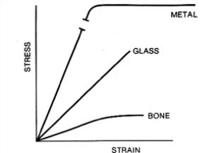 일반적인 금속, 유리, 뼈의 stress-strain 곡선 9