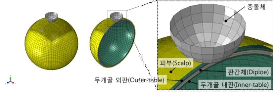 구형으로 단순화된 머리 유한요소 모델 및 충돌체 모델