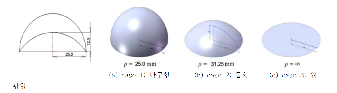 머리에 충격을 가할 때 사용될 세 가지 형태의 충돌체