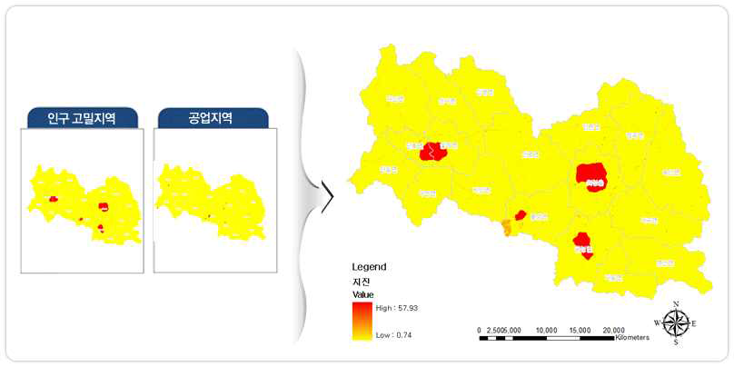 의성군 지진 위험가중요인 및 위험목록지도