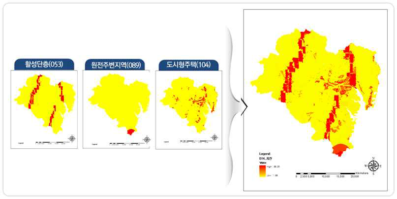 울산광역시 지진 위험가중요인 및 위험목록지도