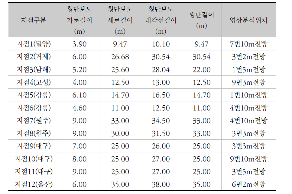 분석대상 횡단보도 규격 및 영상분석 위치