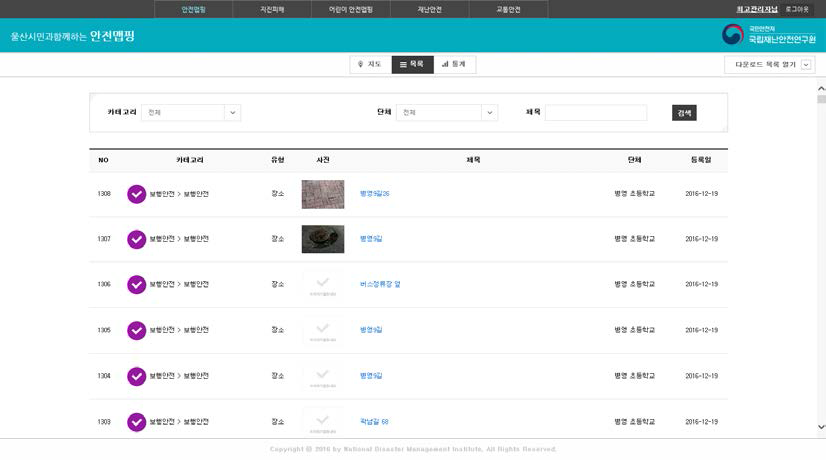 안전맵핑 툴 웹의 메인 화면 중 리스트형