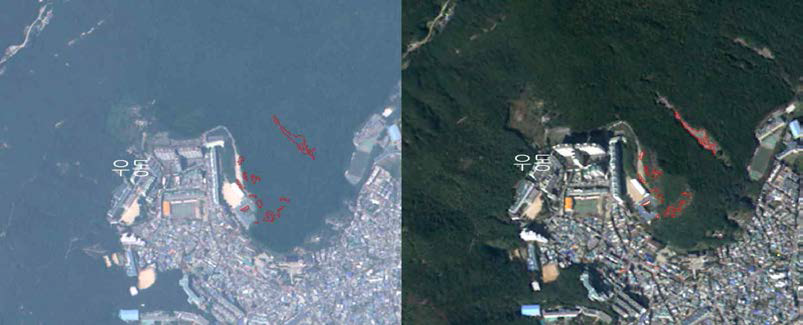 우동 피해 전․후 영상에 대한 피해면적 산출 결과