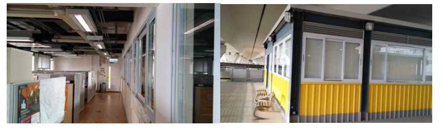 EKCD 건물내부 고효율 HVAC 시스템 천장배관과 고가하부건 물 전경