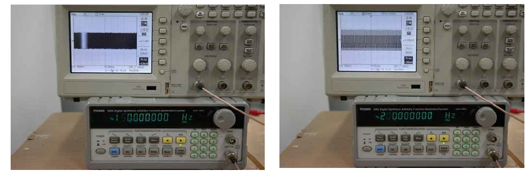 구동주파수 150Hz(좌) 200Hz(우)로 구동 시 가속도 측정