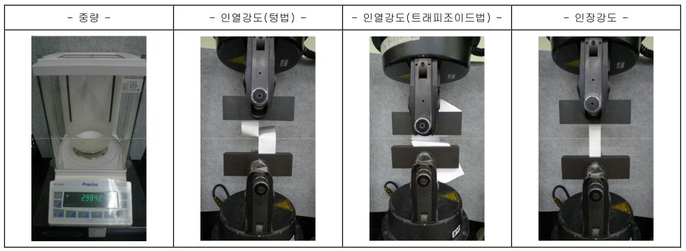 KB-15강하기구의 인장강도 ,인열강도 , 중량 ,밀도 데이터 측정사진