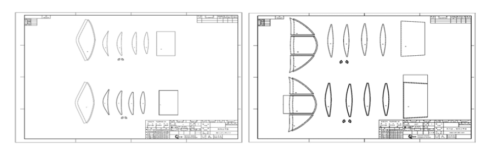 꼬리날개 에어스쿠퍼 재단도면(좌) 와 주기낭 에어스쿠퍼 재단도면(우)