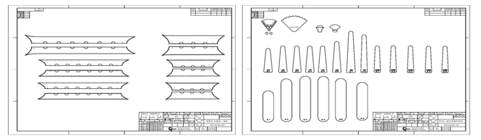 방향키 및 안정판 격벽 재단도면(좌) 와 주기낭 패치 및 마찰방지막 재단도면(우)