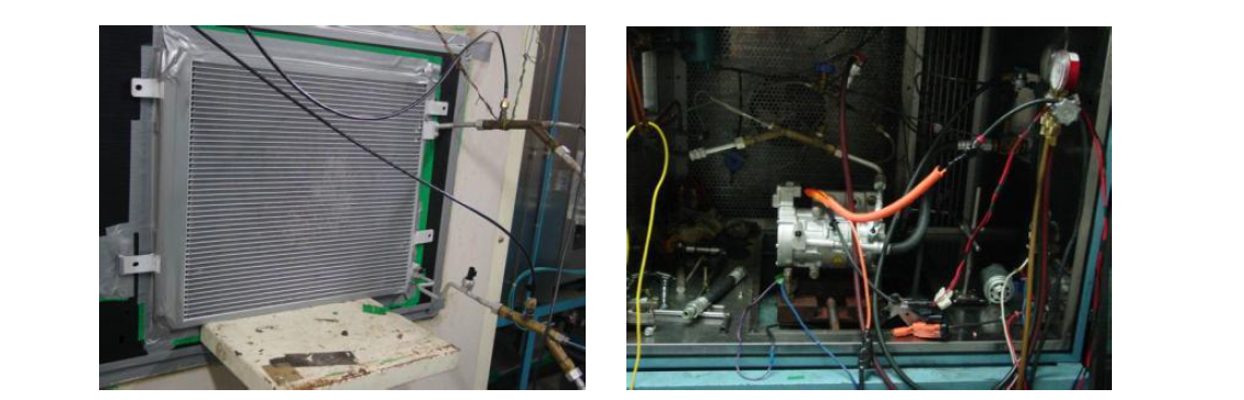 군수시제 냉방장치 성능시험 장면 (좌 : 응축기, 우 : 압축기)