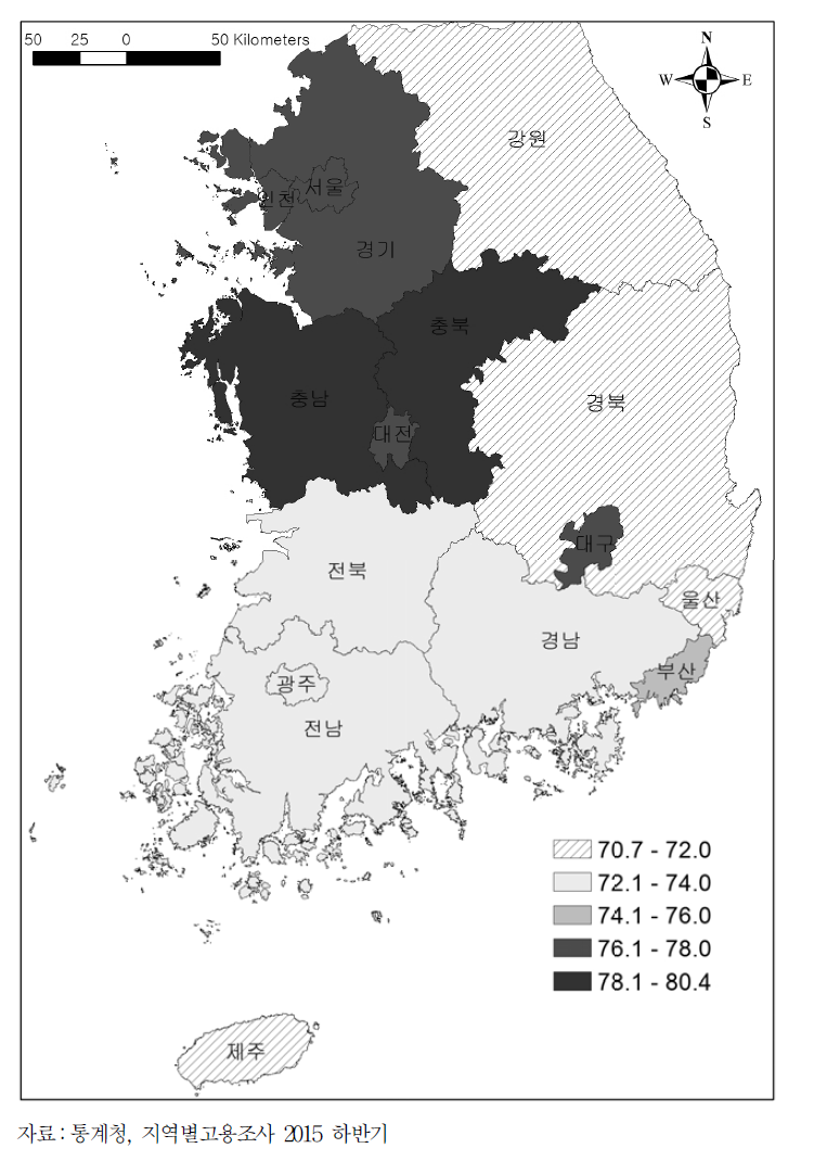 20∼34세 청년층 중 4년제 대졸 이상 계층의 지역별 고용률