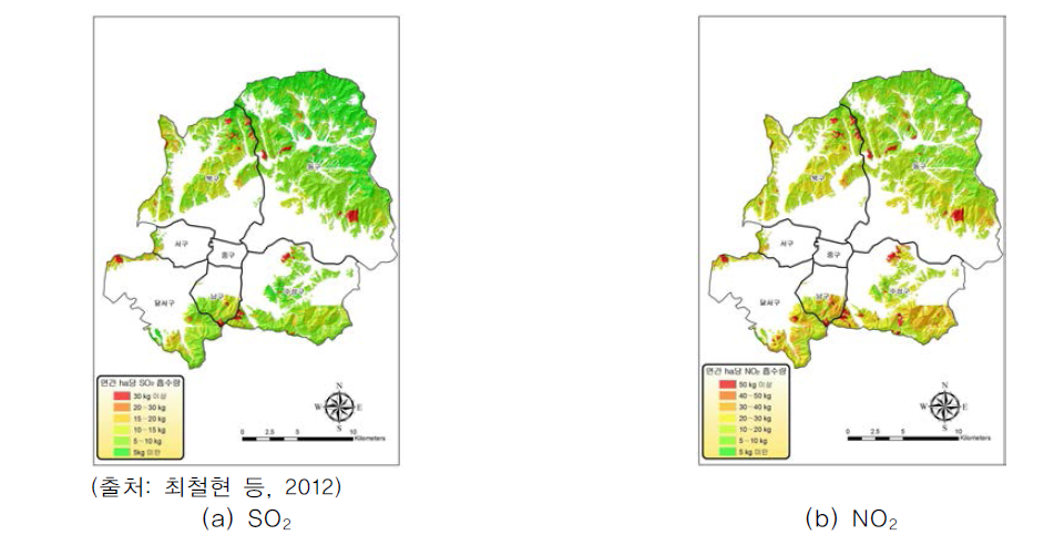 대구지역의 산림이 흡수하는 대기오염물질 현황도