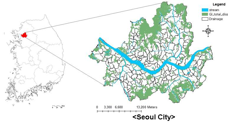 연구의 공간적 범위 및 서울시 녹지 분포 모습