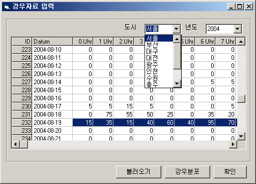 강우 자료 입력을 위한 강우-입력창