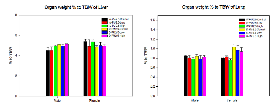 PM2.5처리 마우스 그룹의 liver 및 lung에 대한 상대중량 측정 결과