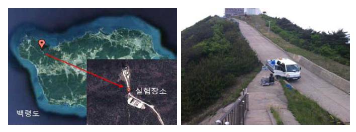 백령도 실험 장소(Latitude : 39.97°, Longitude : 120.63°)의 위치 및 사진