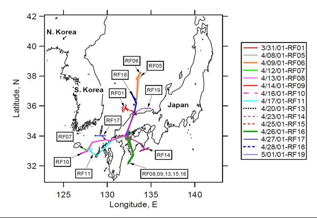 Twin Otter flight tracks during ACE-Asia for the flights in which the AMS obtained valid data