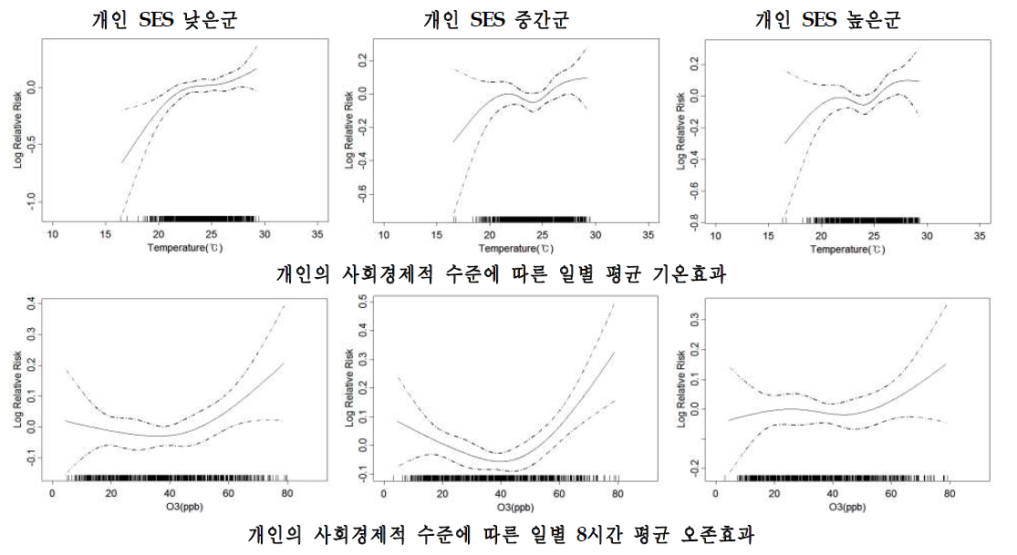 대전시의 개인 사회경제적 특성별 호흡기계 관련질환 입원에 대한 기온과 오존의 개별효과