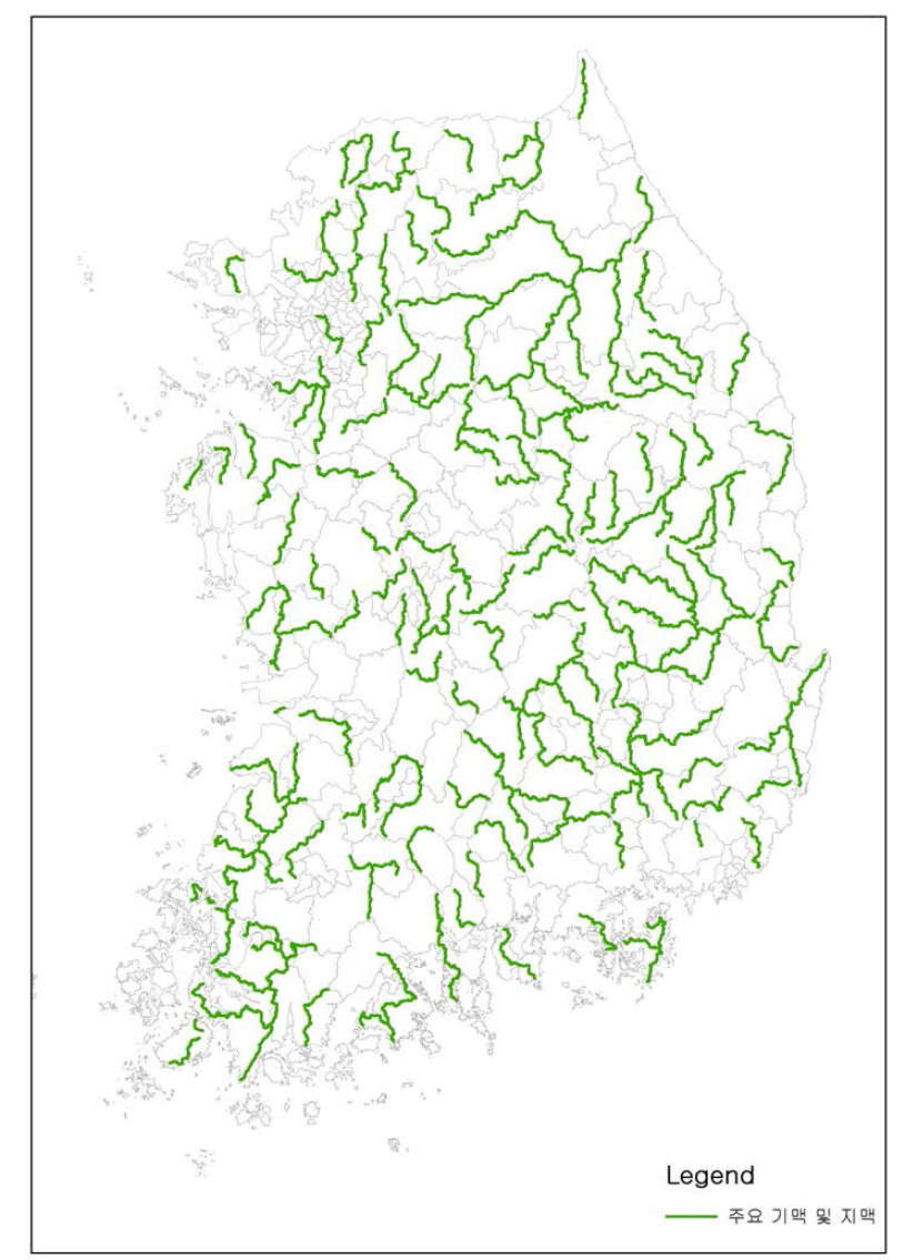 남한전체 주요 기맥 및 지맥 GIS DB 구축지도