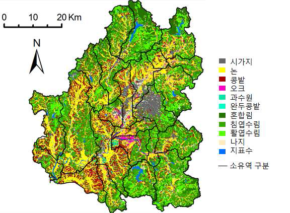 연구대상 지역의 토지이용 특성 및 소유역 구분