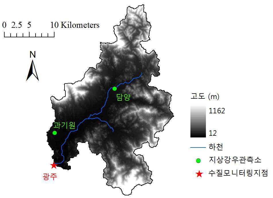 연구대상지역의 지형고도 특성 및 기상, 수질 모니터링 지점