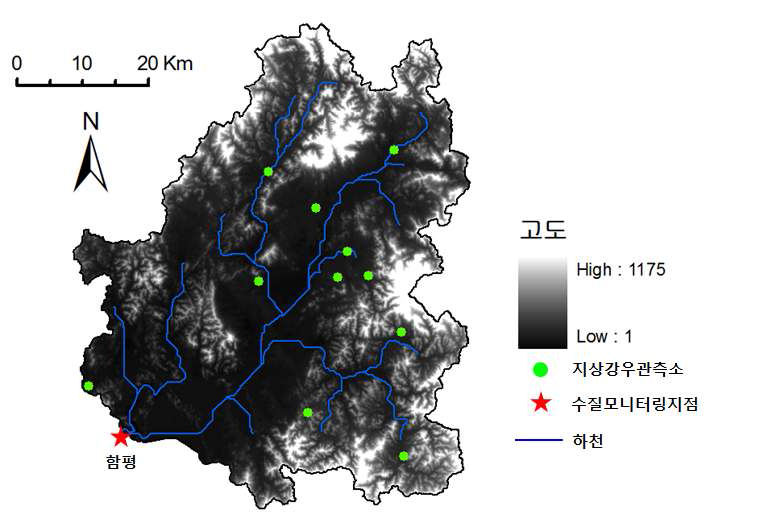 연구대상지역의 지형고도 특성 및 기상, 수질 모니터링 지점