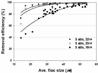 Relationship between floc size and removal efficiency at different bubble bed depth (pressure: 5 atm, hydraulic loading rate: 7 m/hr)