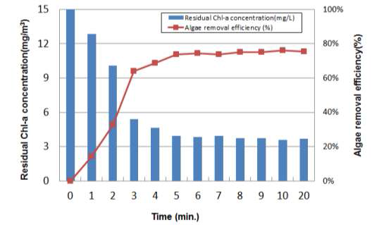 클로로필a로 비교한 조류제거효율 실험결과 (at 20℃)
