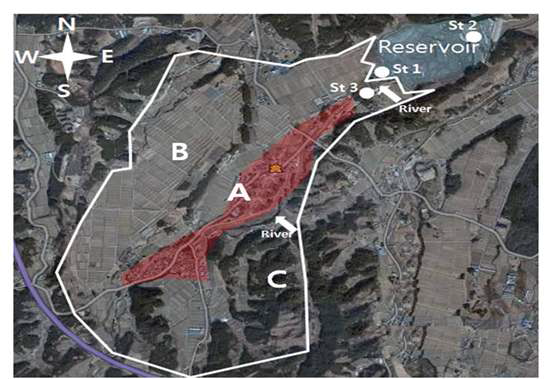 모전 저수지의 토지사용과 샘플채취 장소를 나타내는 지도
