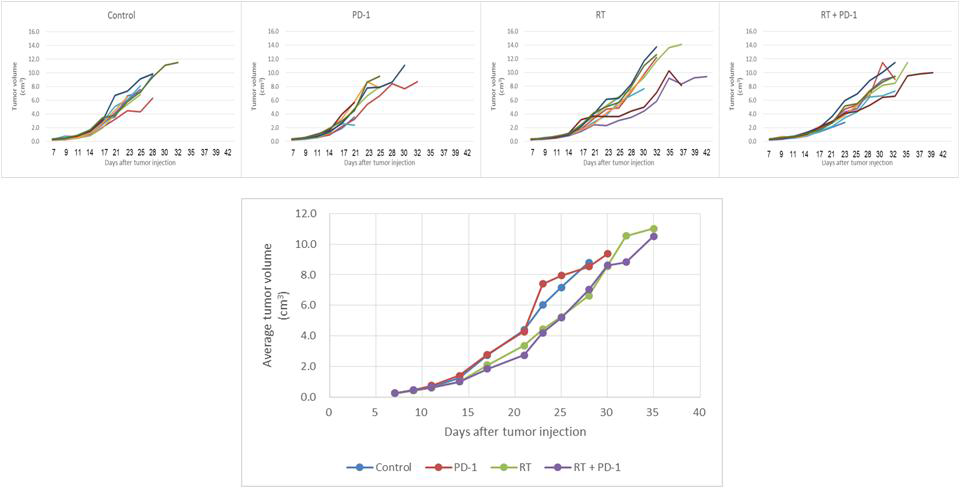 LLC tumor growth after anti-PD1 (n=9), RT (n=9), anti-PD1 and RT (n=9), or no (control) treatment (n=9).