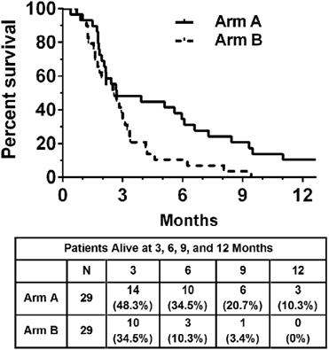 Overall survival. Kaplan.Meier curves and time-point analyses over 12 months for all 29 patients in Arm A (90Y-clivatuzumab tetraxetan combined with low-dose gemcitabine) and all 29 patients in Arm B (90Y-clivatuzumab tetraxetan alone)