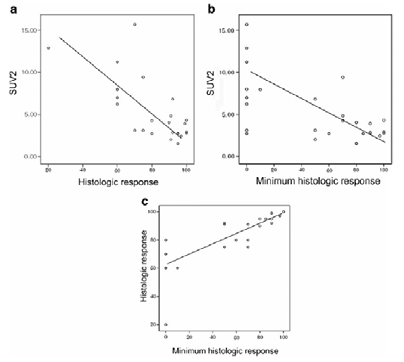 골연부종양의 항암치료 후 전체 종양의 조직학적 반응 (histologic response), 대사능이 가장 높은 영역의 조직학적 반응 (minimum histologic response) 및 항암 치료 종료 후 종양의 대사능 항진정도 (SUV2)는 서로 유의한 상관관계를 보임