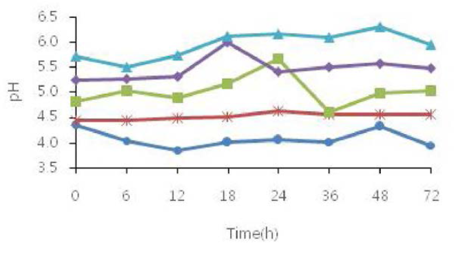 pH가 조절된 MSG 3% 첨가 MRS 배지에서 L, brevis GABA100의 시간별 pH