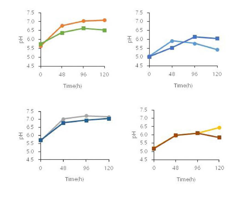 MSG, Yeast extract 첨가한 다시마주줄물에서 온도 조절 시 L.brevis GABA100의 5일간 pH 변화