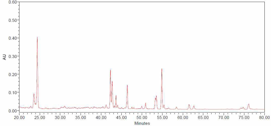 HPLC chromatogram of ginsenosides detected from the ginseng berry extracts processed with ultrasonication for 6 hours (UGB-6)